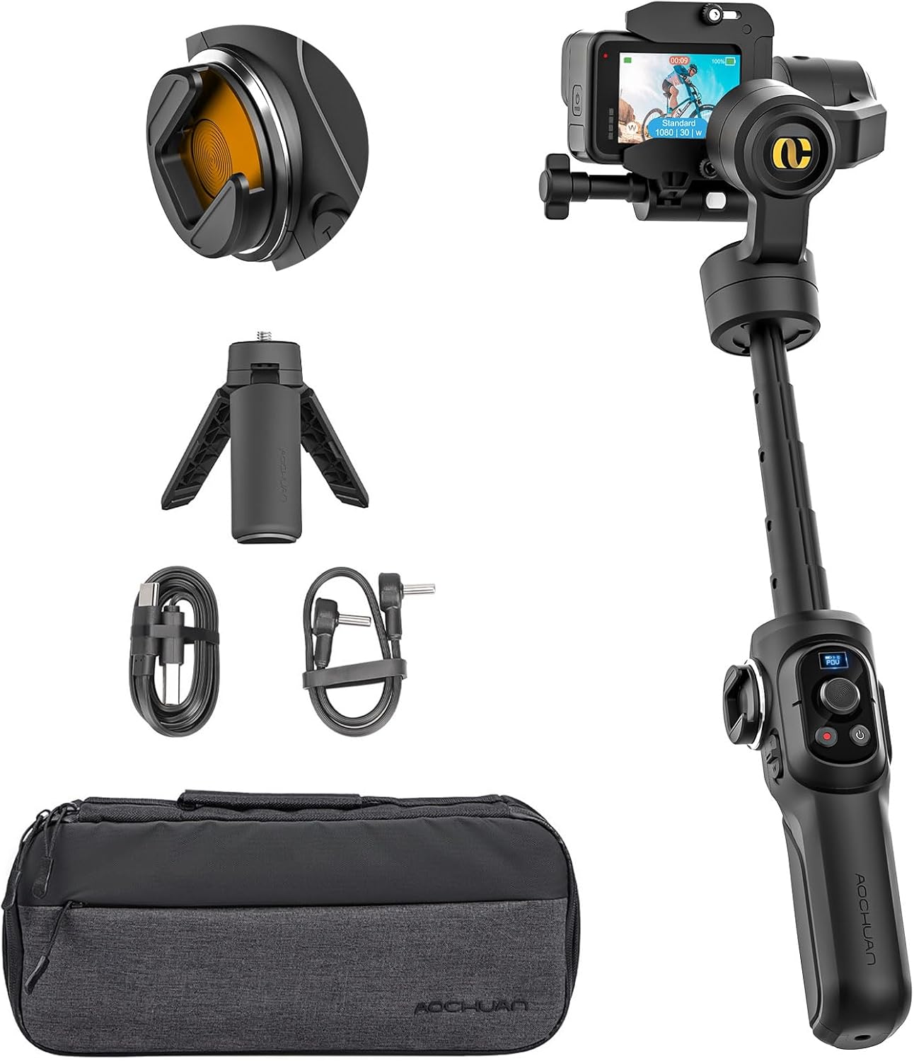 Handheld Stabilizer Gimbal - ตัวกันสั่นแบบมือถือ 3 แกนสำหรับกล้องแอคชั่นพร้อมก้านต่อขยายในตัวขนาด 19 ซม. รองรับการบันทึกวิดีโอสำหรับกล้องกีฬา